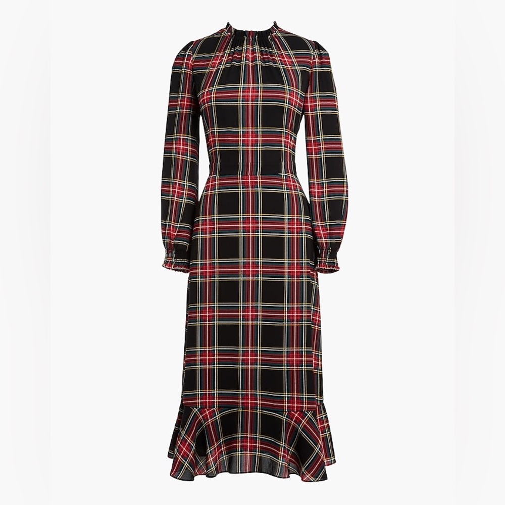 J. Crew black plaid dress with green, red, and yellow stripes, size 00